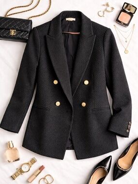 H&M Black Double-Breasted Textired Blazer with Gold Buttons